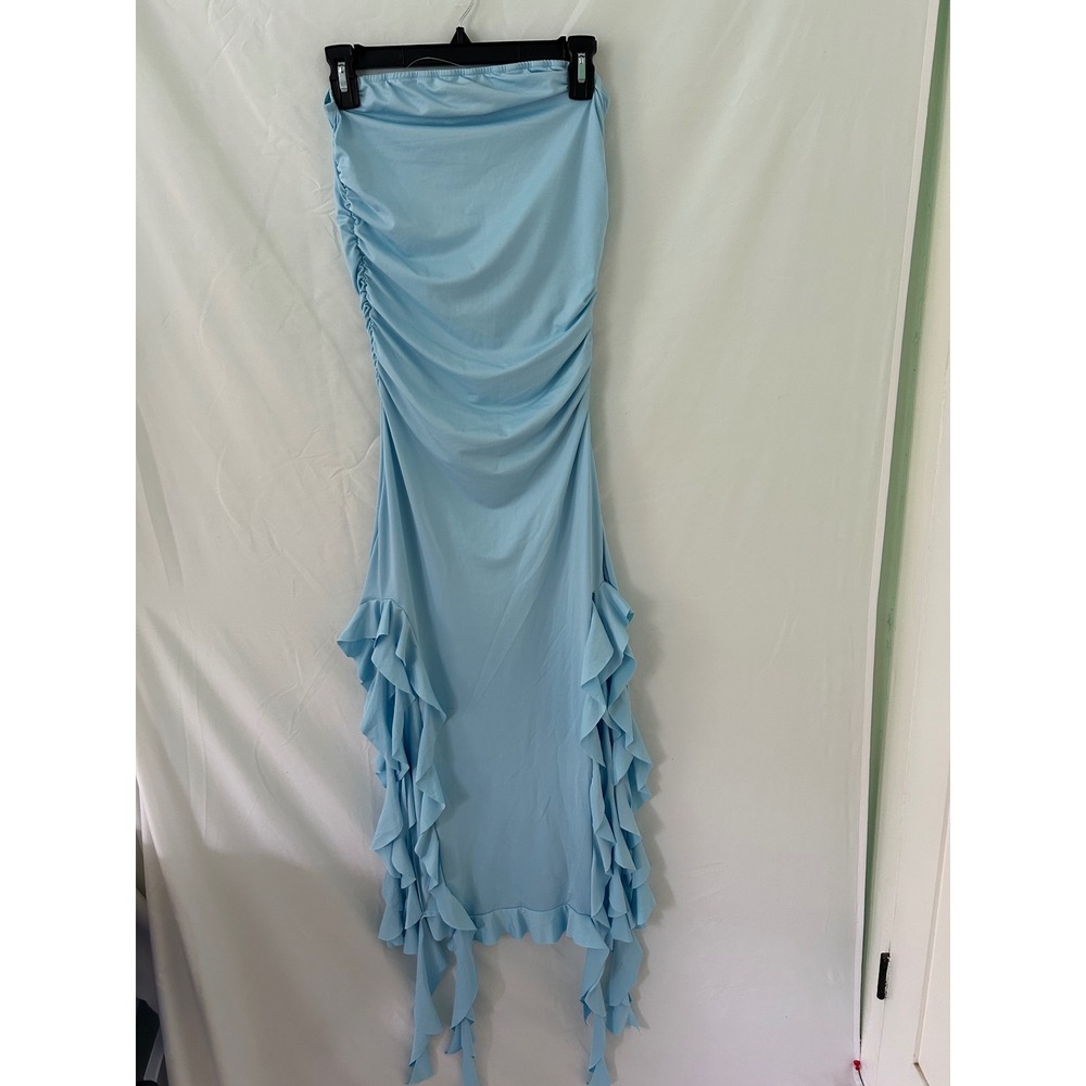 Tuarod Miami Light Blue Ruched Strapless Ruffle Maxi Dress Large Made in USA
